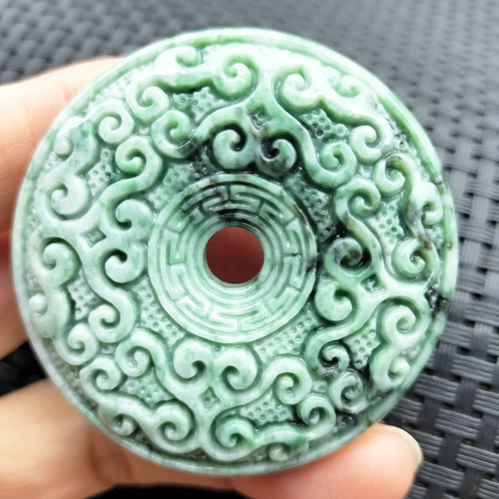 Certified Green Natural Type A Jade Jadeite Moire Safety Circle Donut Pendant - Image 9