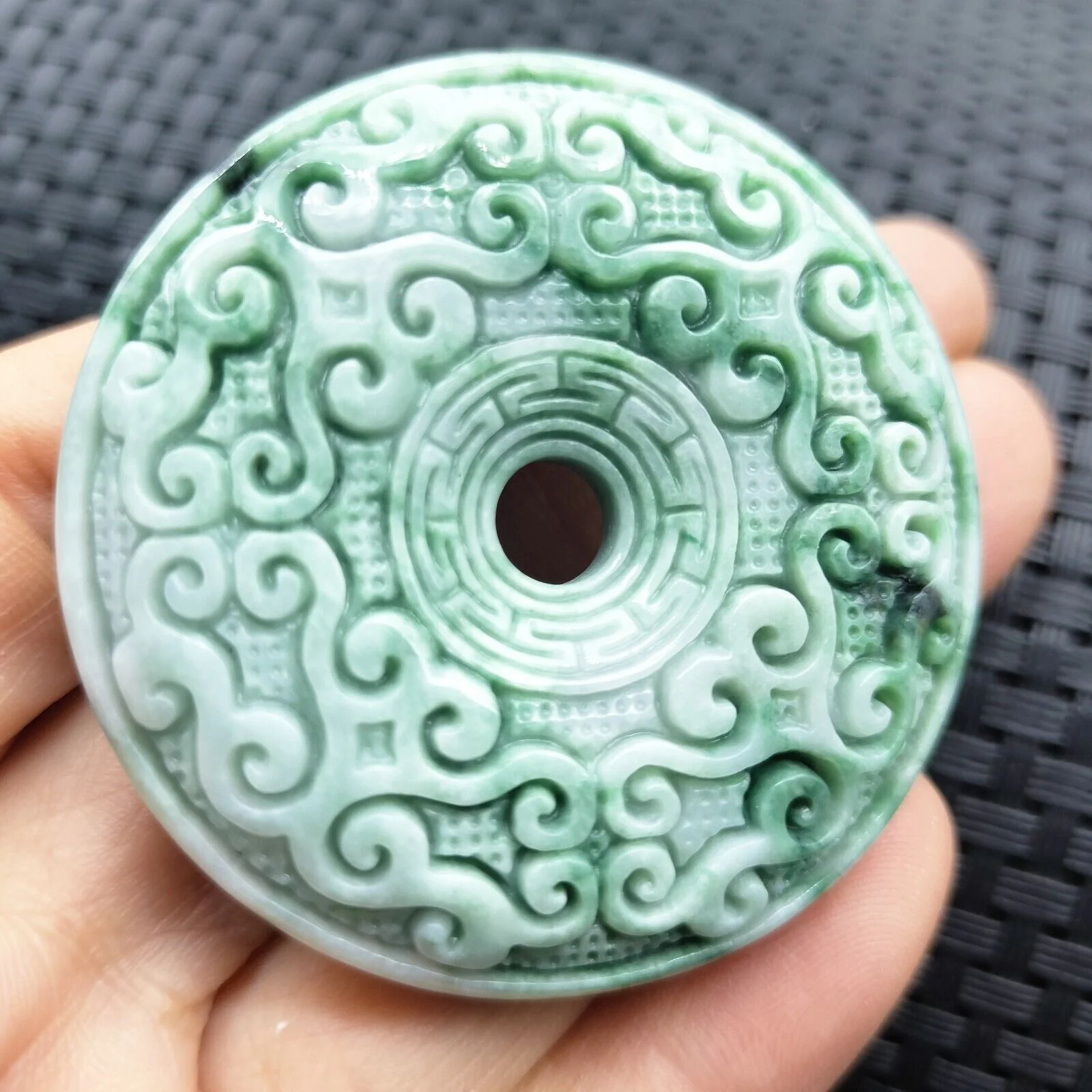 Certified Green Natural Type A Jade Jadeite Moire Safety Circle Donut Pendant - Image 2