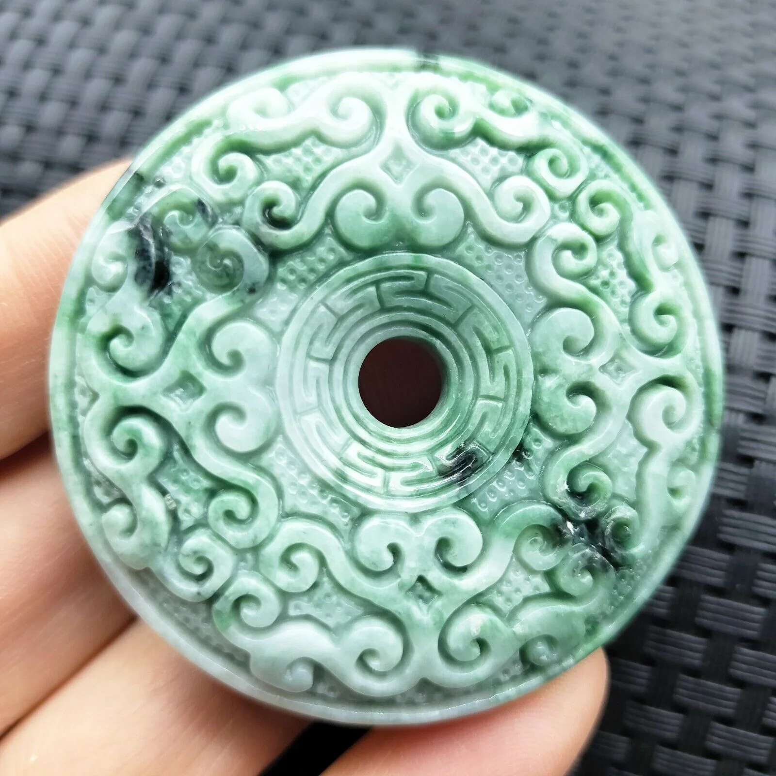 Certified Green Natural Type A Jade Jadeite Moire Safety Circle Donut Pendant - Image 3