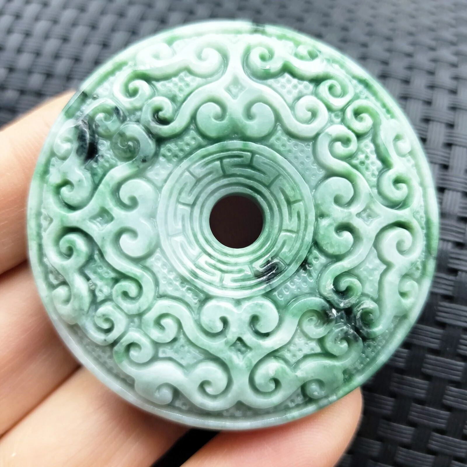 Certified Green Natural Type A Jade Jadeite Moire Safety Circle Donut Pendant - Image 4