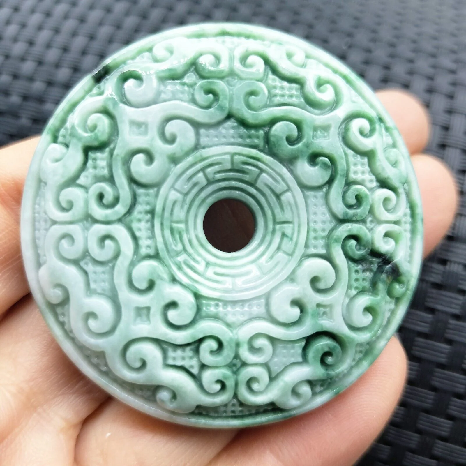 Certified Green Natural Type A Jade Jadeite Moire Safety Circle Donut Pendant - Image 5