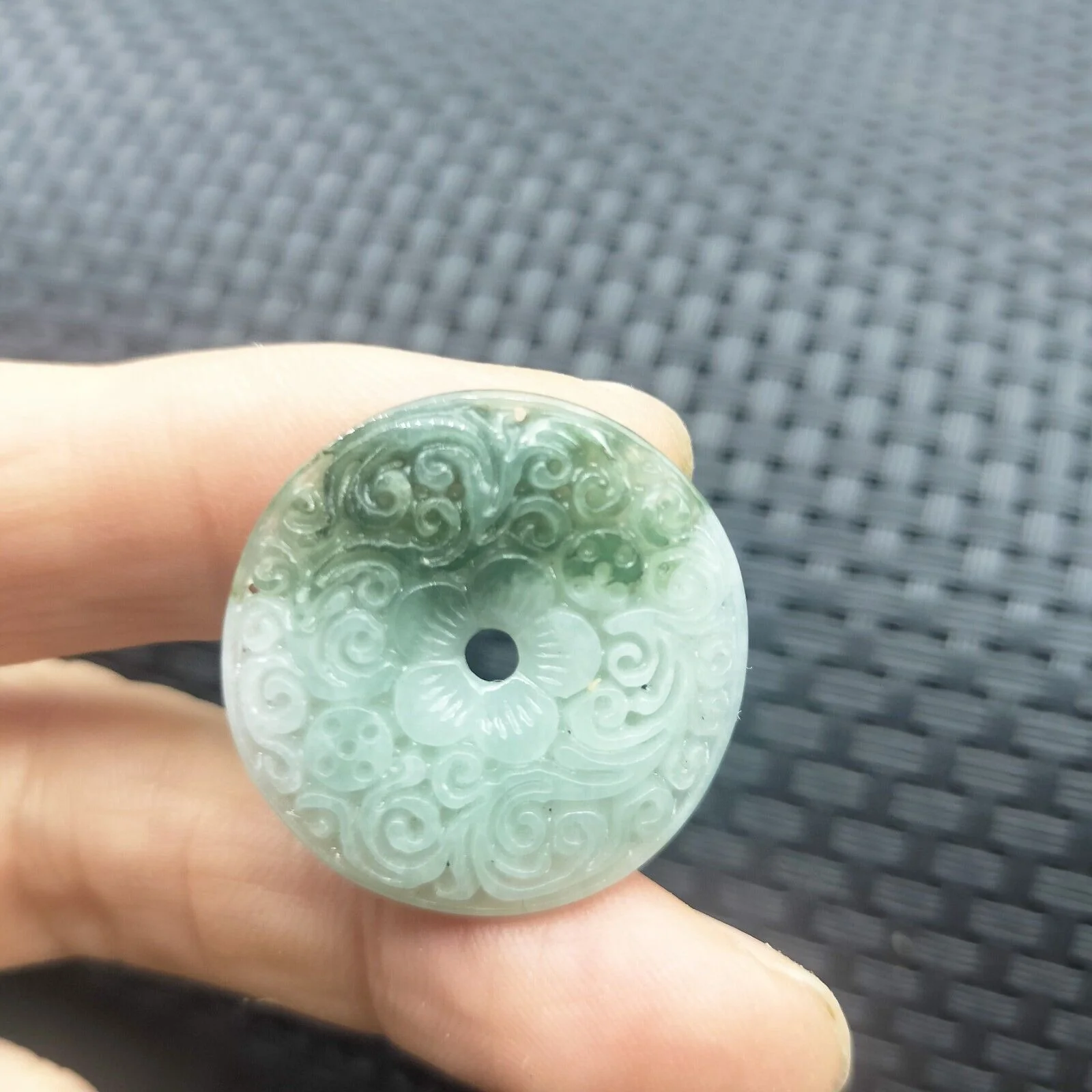 Certified Green Natural Type A Jade Jadeite Moire Safety Circle Donut Pendant - Image 2