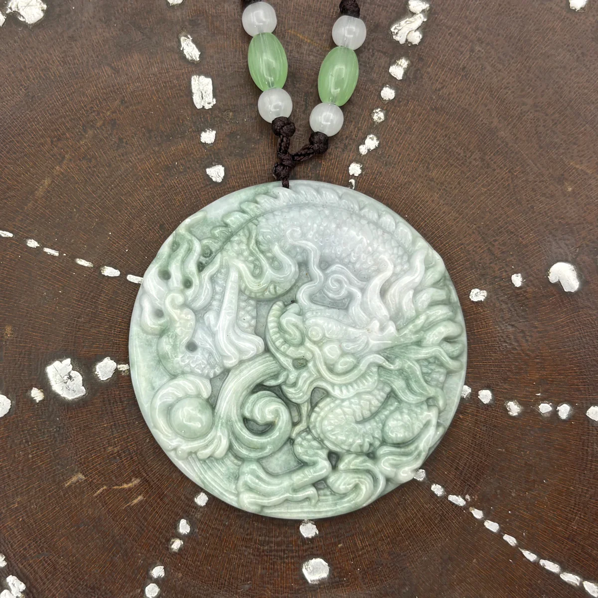 Certified Green Natural Type A Jadeite Carved Dragon Bead Pendant - Image 9