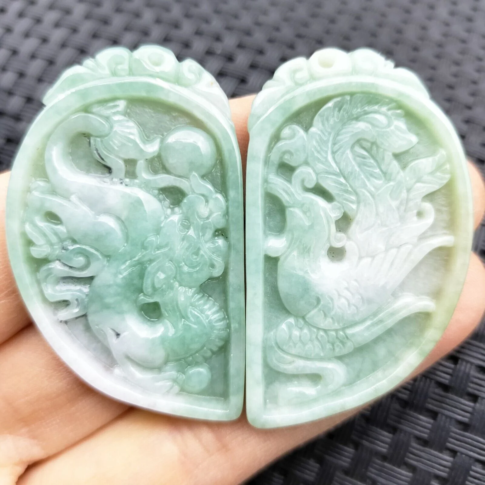 Certified Green Natural Type A Jadeite Carved Dragon Phoenix Pendants (Pair) - Image 2