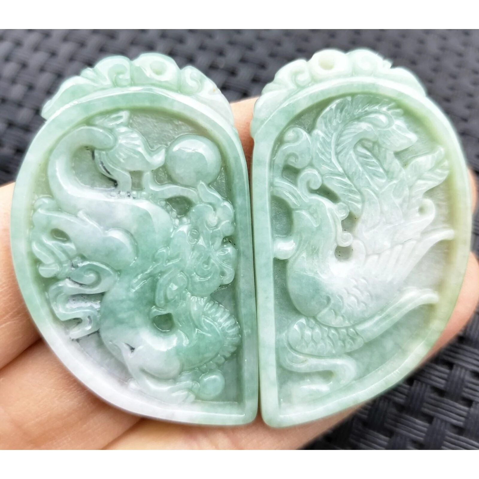 Certified Green Natural Type A Jadeite Carved Dragon Phoenix Pendants (Pair) - Image 3