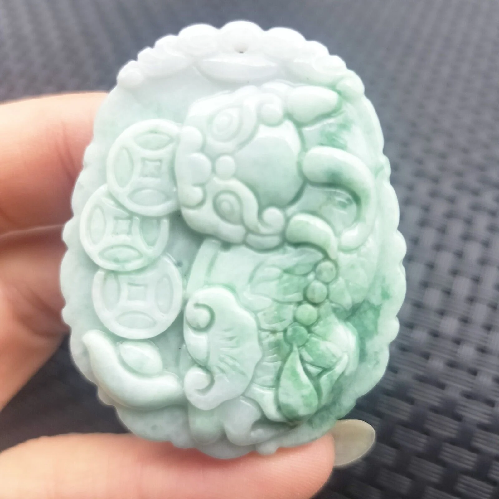 Certified Green Natural Type A Jadeite Carved Dragon Pi Xiu Ruyi Coin Pendant - Image 2