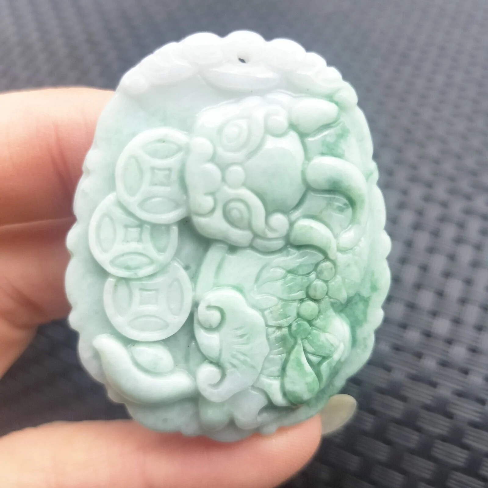 Certified Green Natural Type A Jadeite Carved Dragon Pi Xiu Ruyi Coin Pendant - Image 3