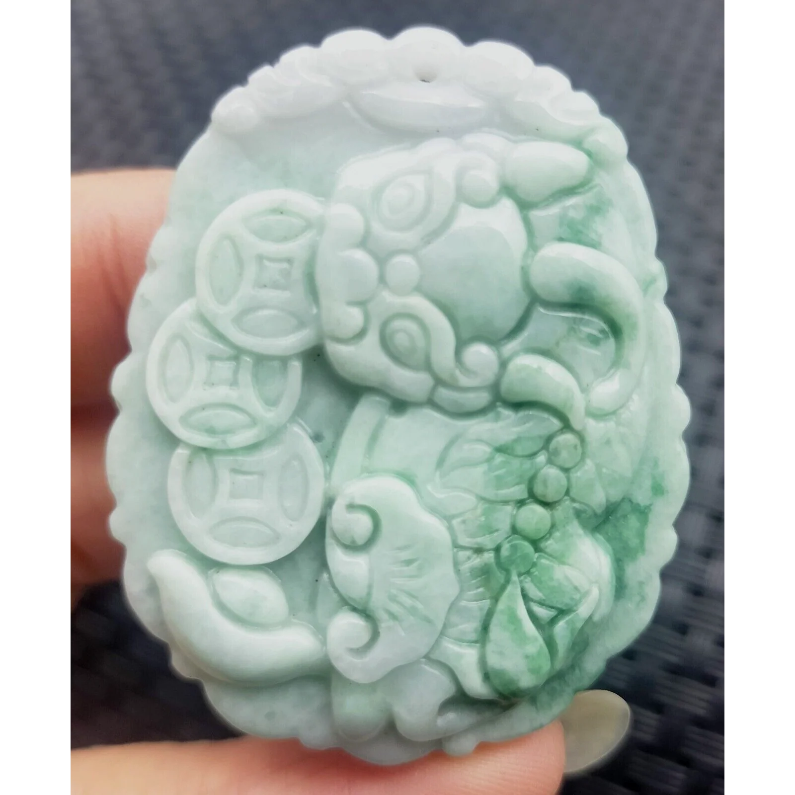 Certified Green Natural Type A Jadeite Carved Dragon Pi Xiu Ruyi Coin Pendant - Image 4