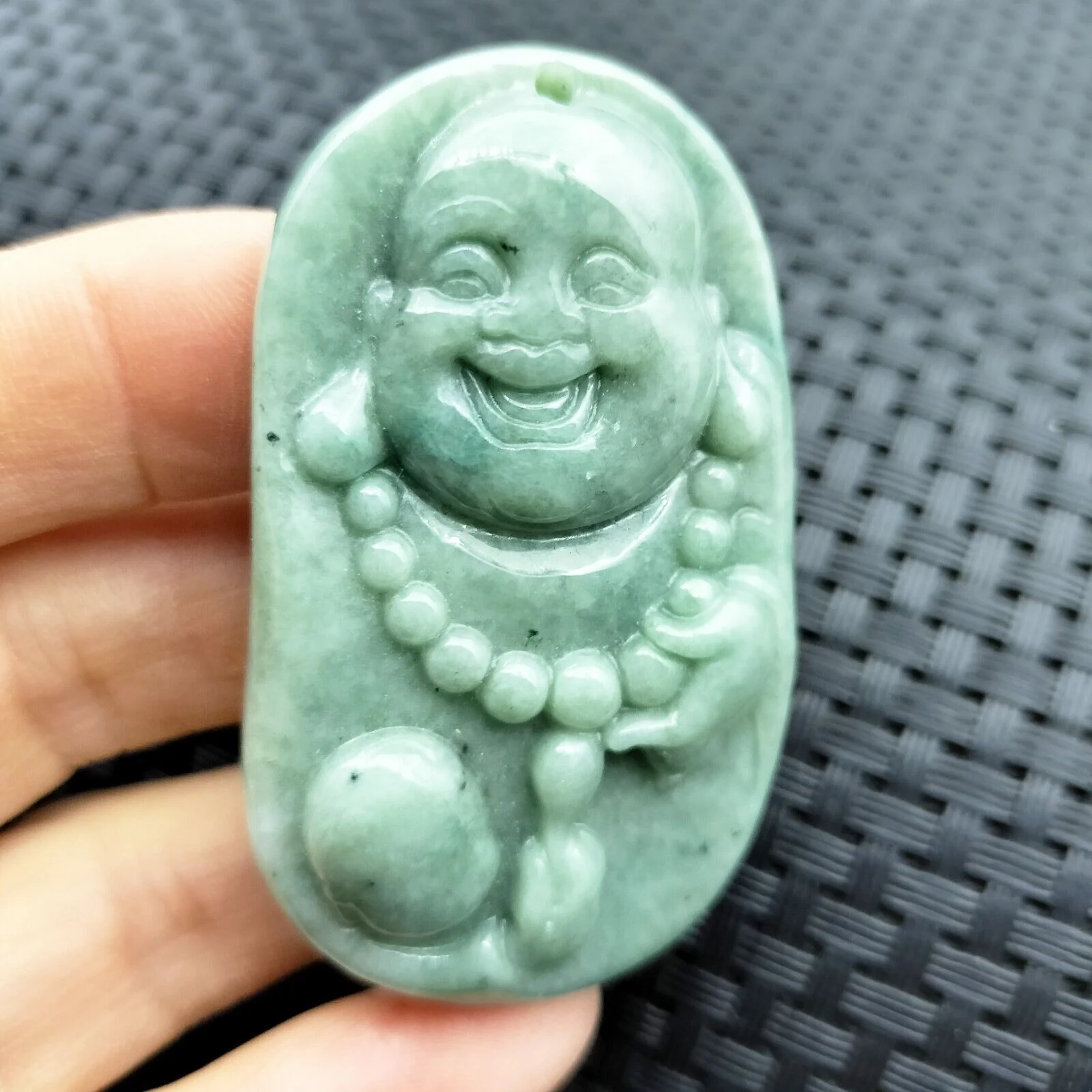 Certified Green Natural Type A Jadeite Carved Happy Buddha God Child Pendant - Image 2