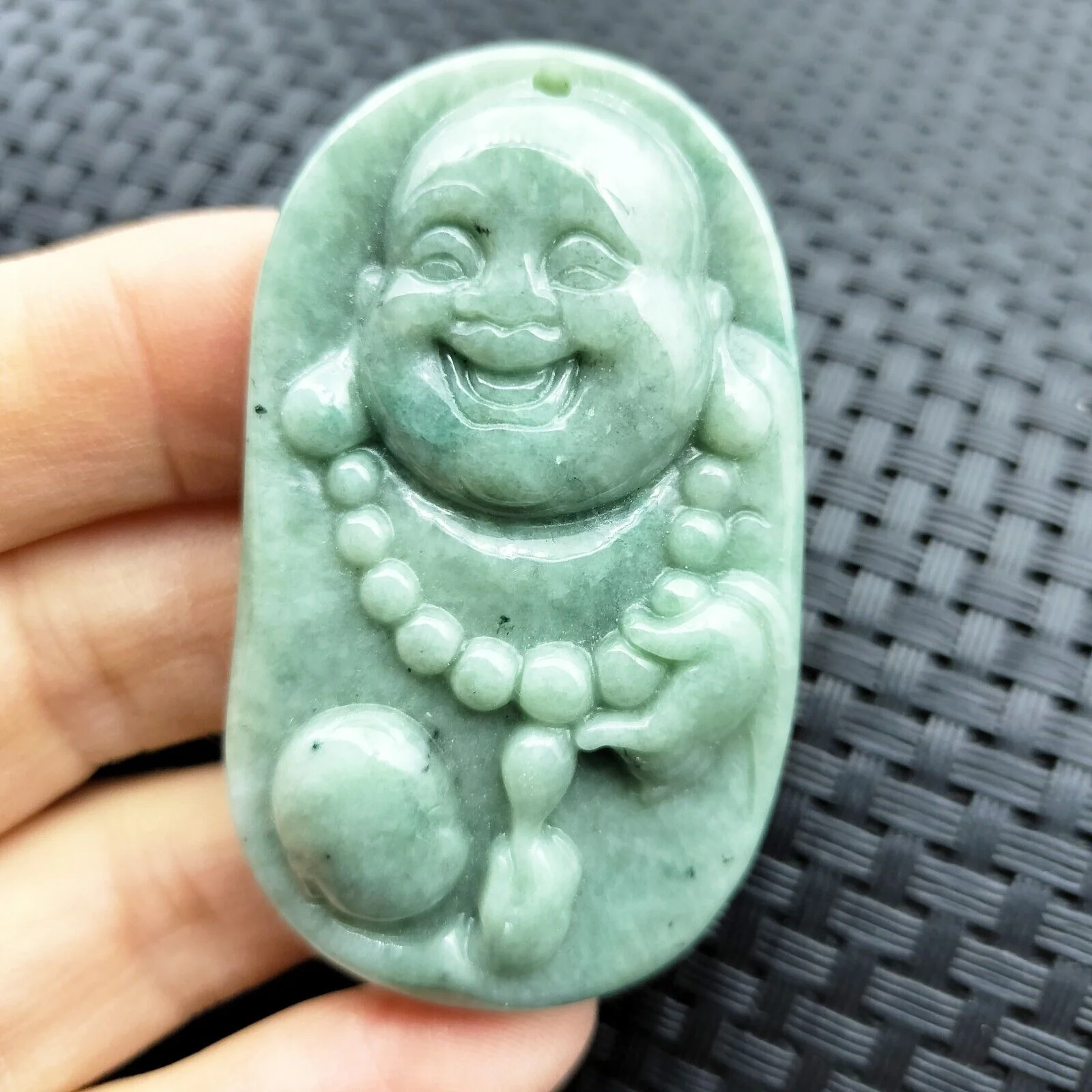 Certified Green Natural Type A Jadeite Carved Happy Buddha God Child Pendant - Image 3