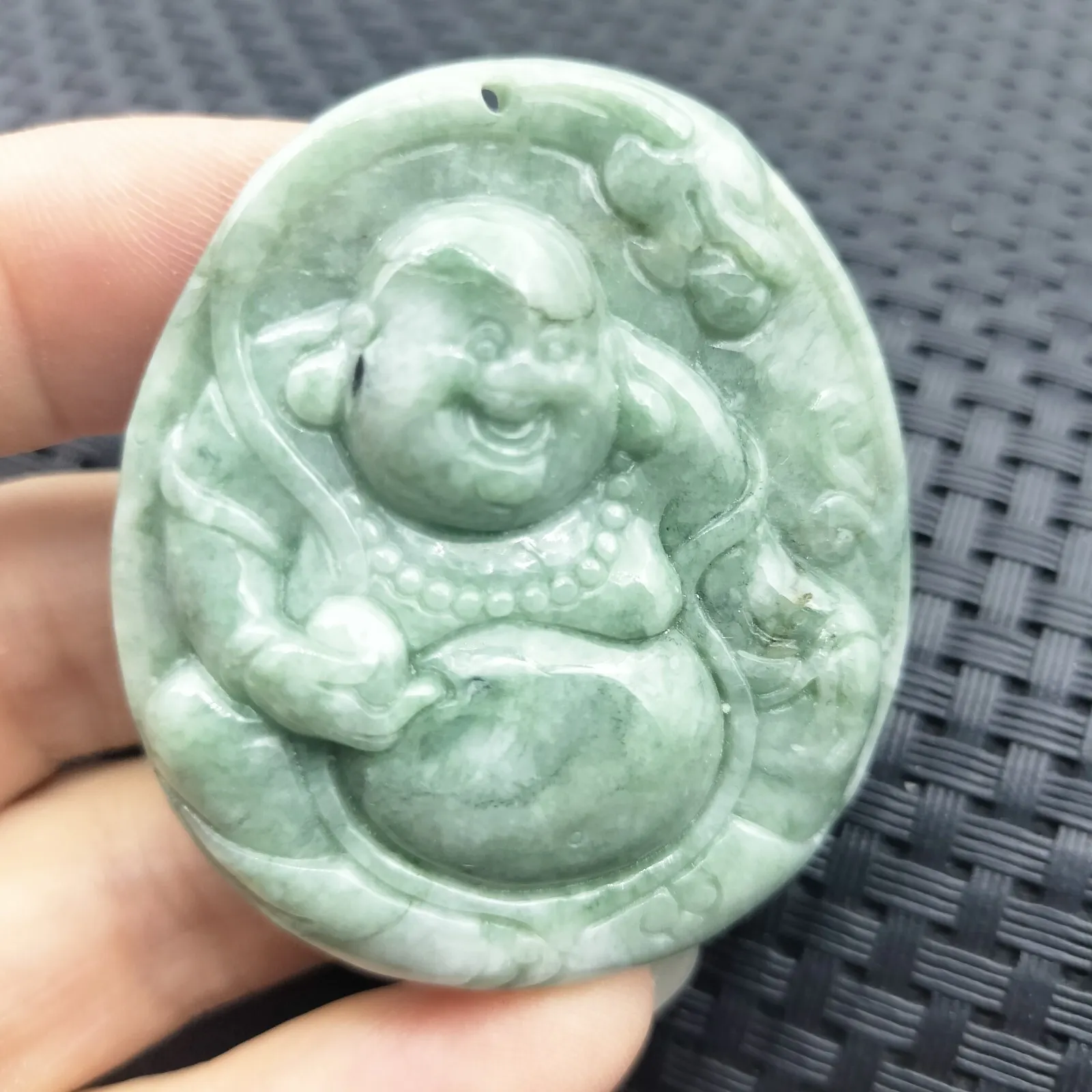 Certified Green Natural Type A Jadeite Carved Happy Buddha God Dragon Pendant - Image 2
