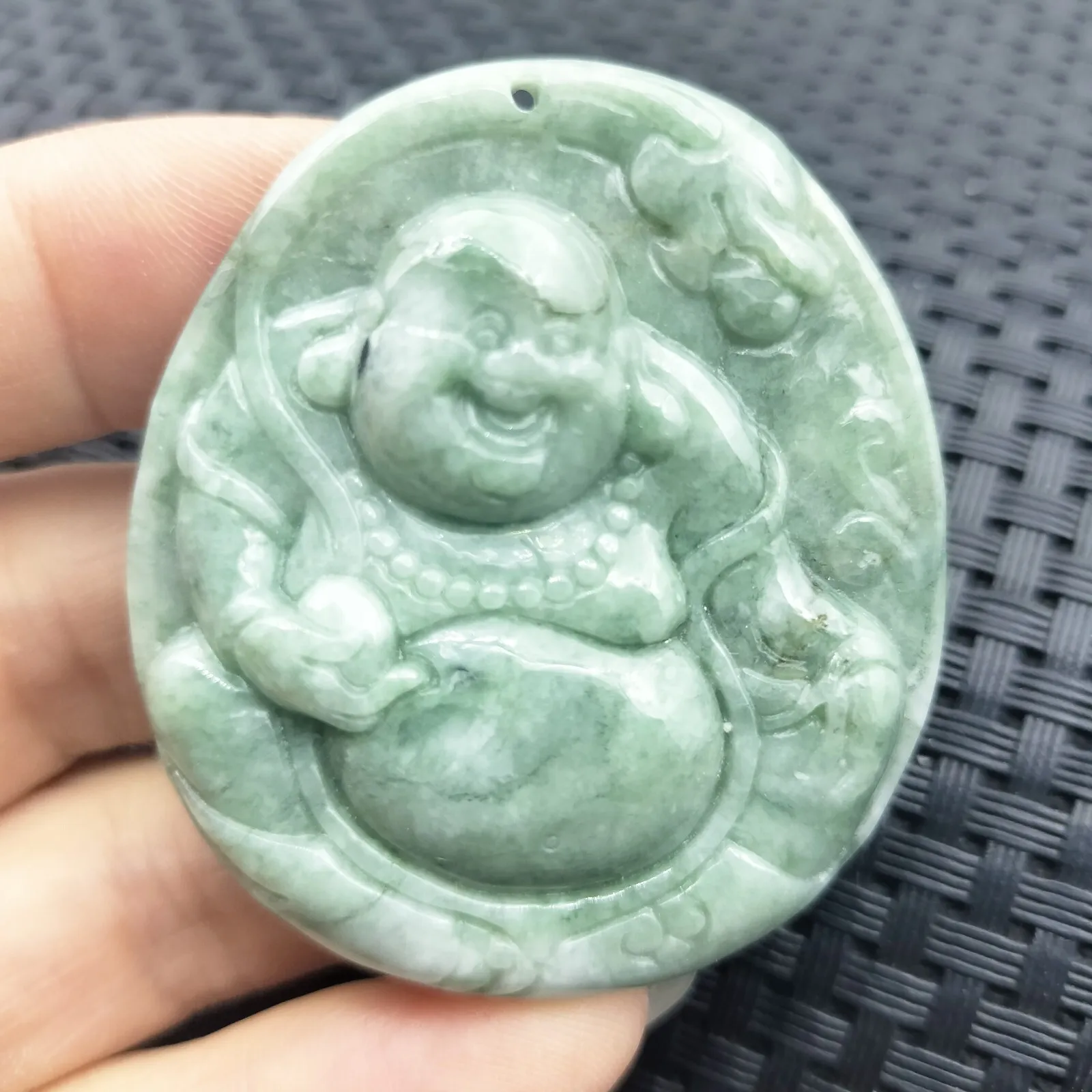 Certified Green Natural Type A Jadeite Carved Happy Buddha God Dragon Pendant - Image 3