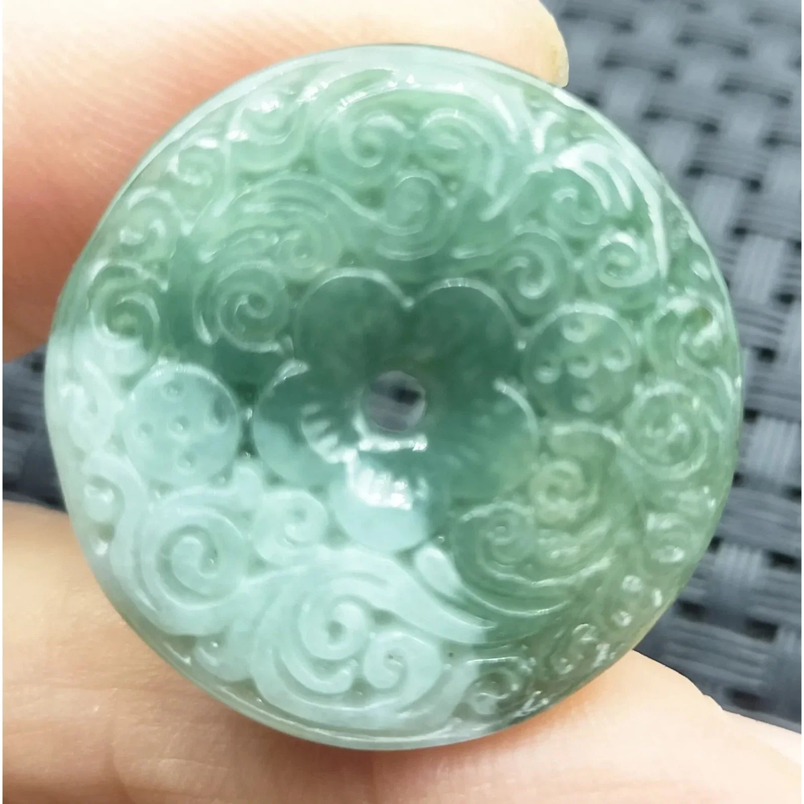 Certified Green Natural Type A Jadeite Carved Moire Safety Circle Donut Pendant Necklace - Image 2