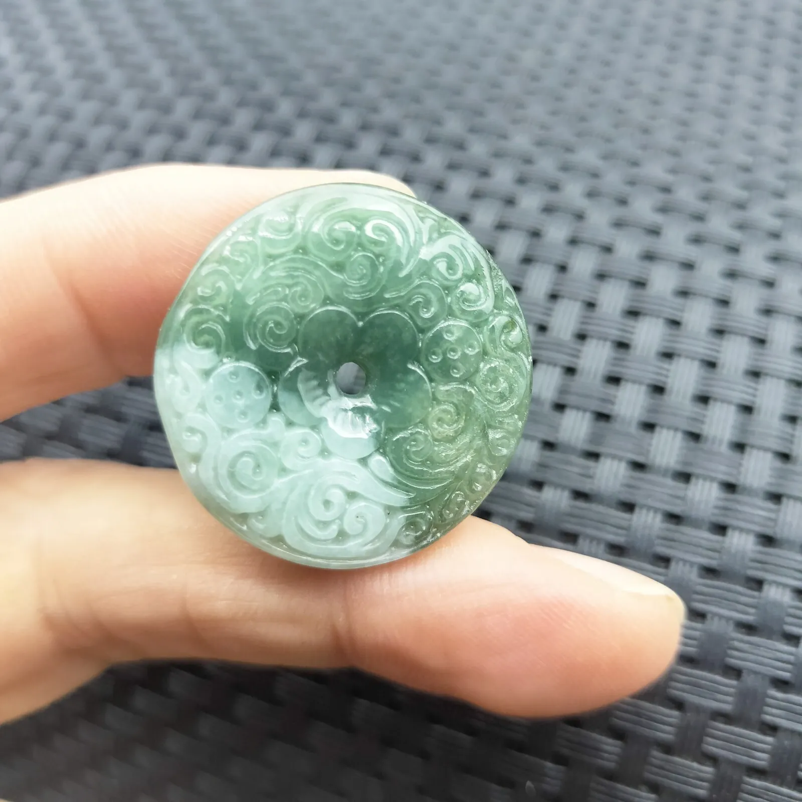 Certified Green Natural Type A Jadeite Carved Moire Safety Circle Donut Pendant Necklace - Image 3