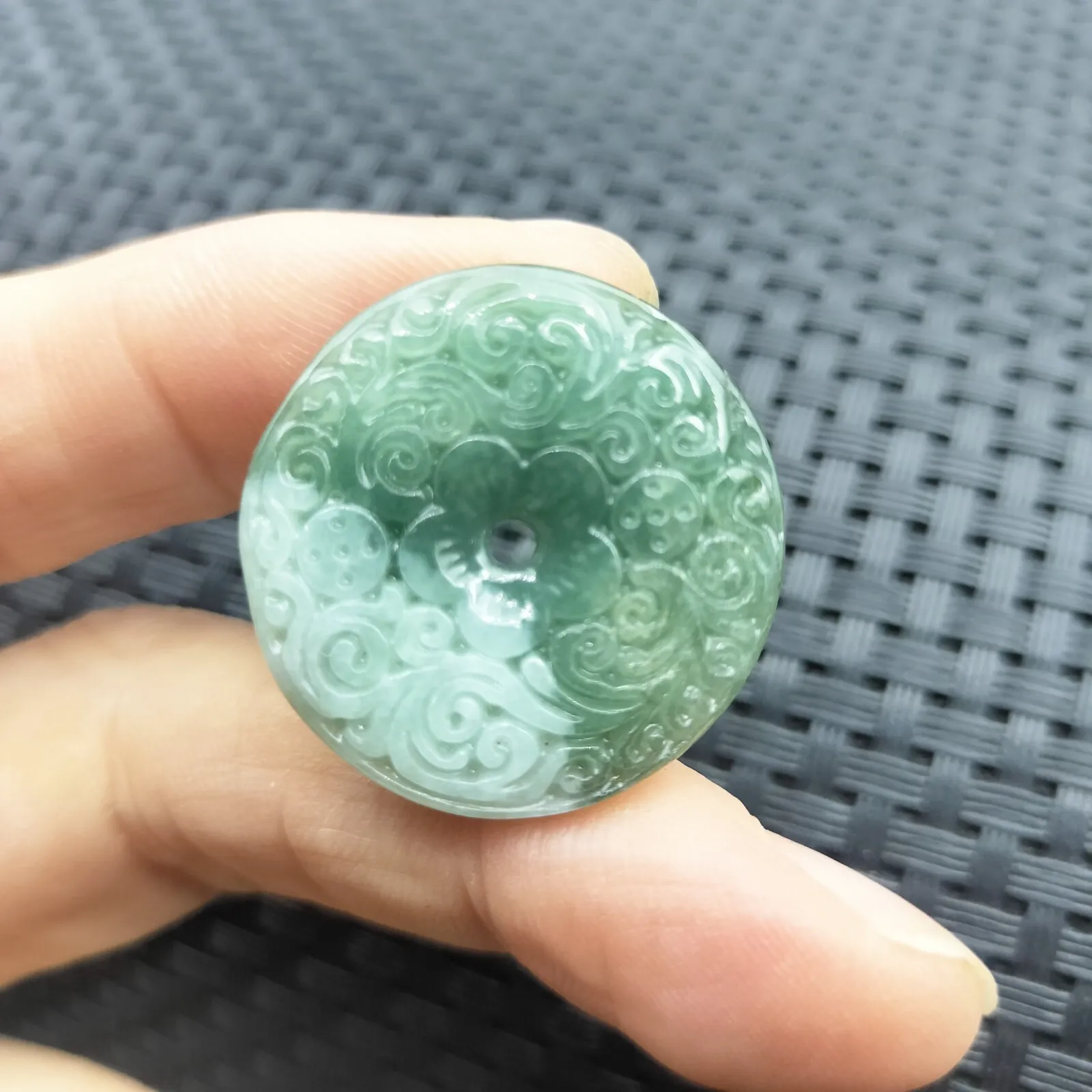 Certified Green Natural Type A Jadeite Carved Moire Safety Circle Donut Pendant Necklace - Image 4