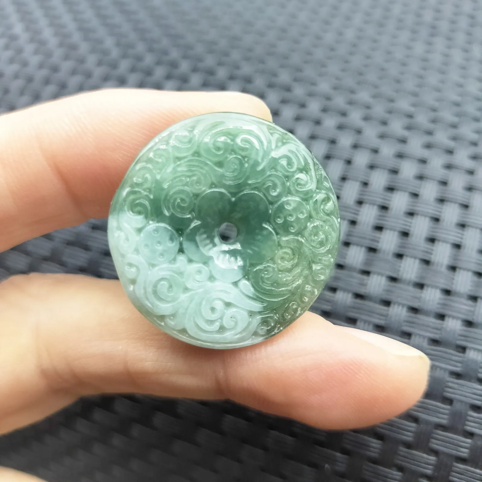 Certified Green Natural Type A Jadeite Carved Moire Safety Circle Donut Pendant Necklace - Image 5