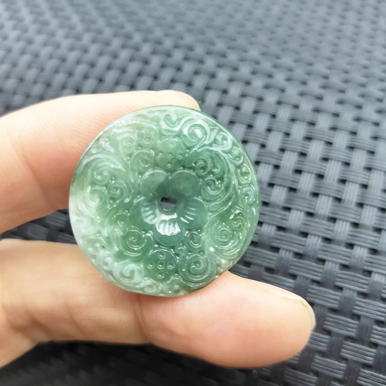 Certified Green Natural Type A Jadeite Carved Moire Safety Circle Donut Pendant Necklace - Image 6