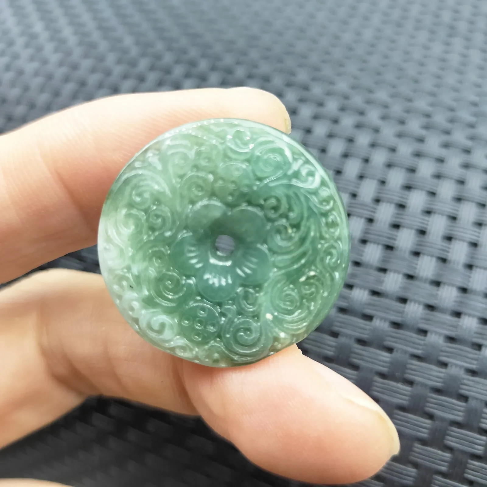 Certified Green Natural Type A Jadeite Carved Moire Safety Circle Donut Pendant Necklace - Image 7