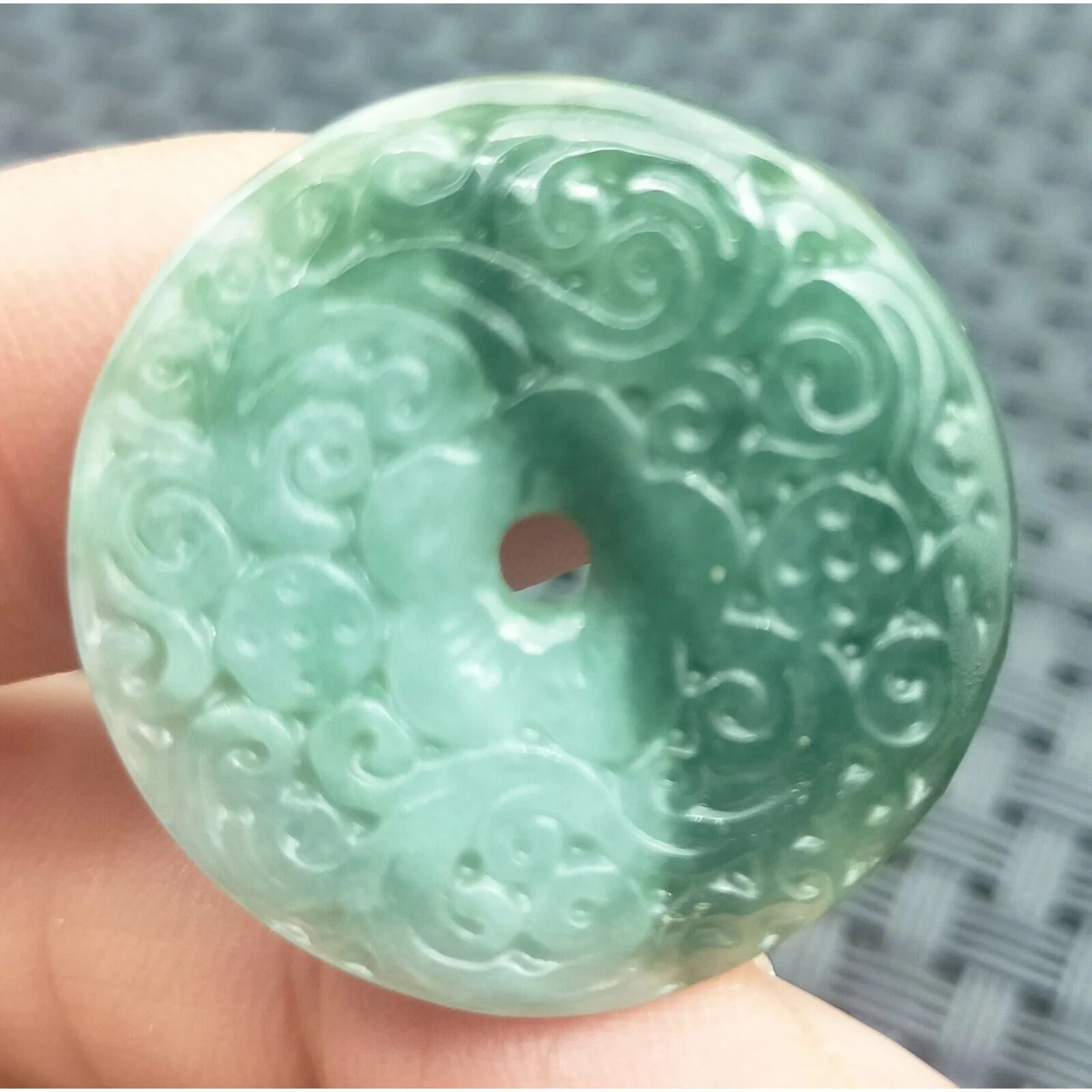 Certified Green Natural Type A Jadeite Carved Moire Safety Circle Donut Pendant - Image 2