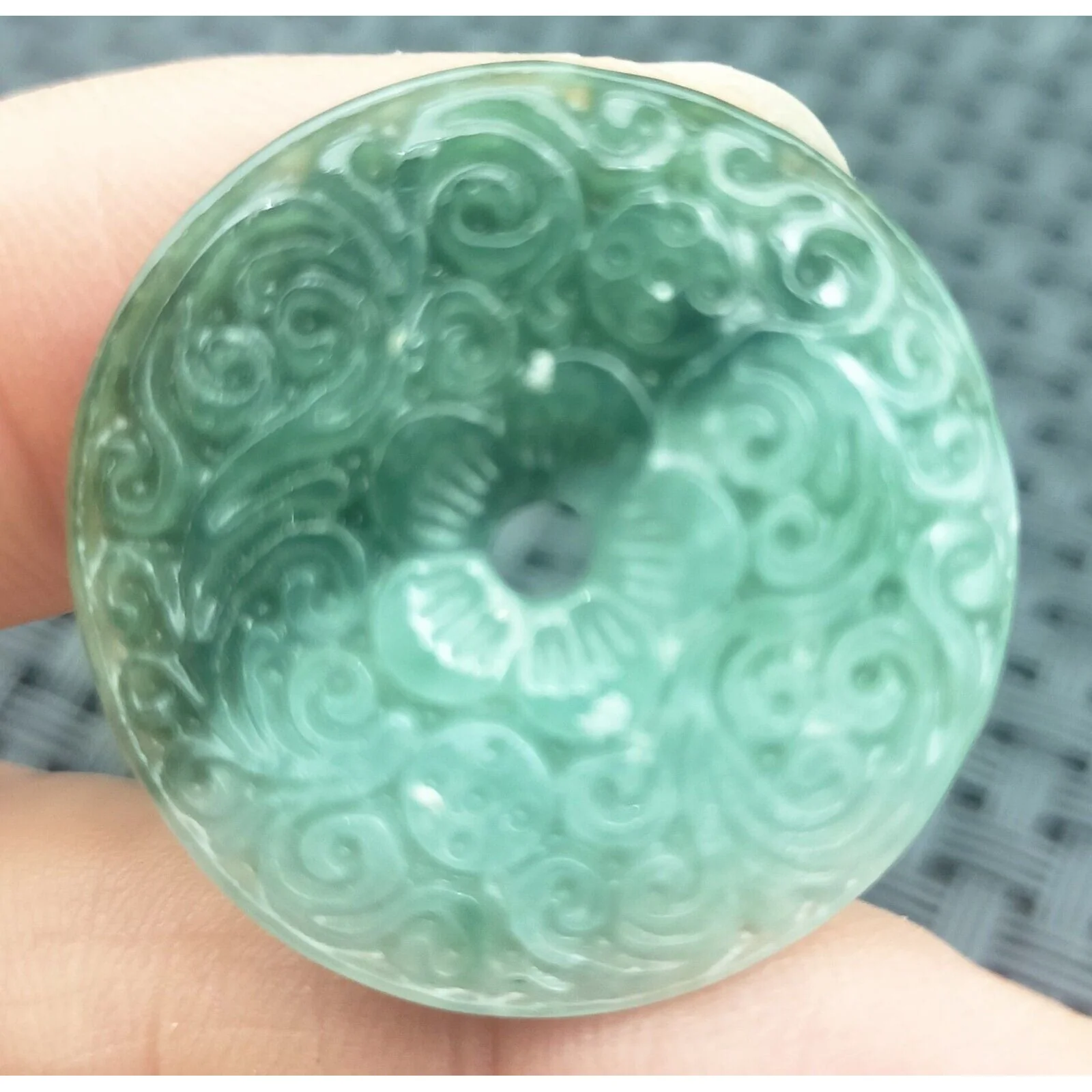 Certified Green Natural Type A Jadeite Carved Moire Safety Circle Donut Pendant - Image 3