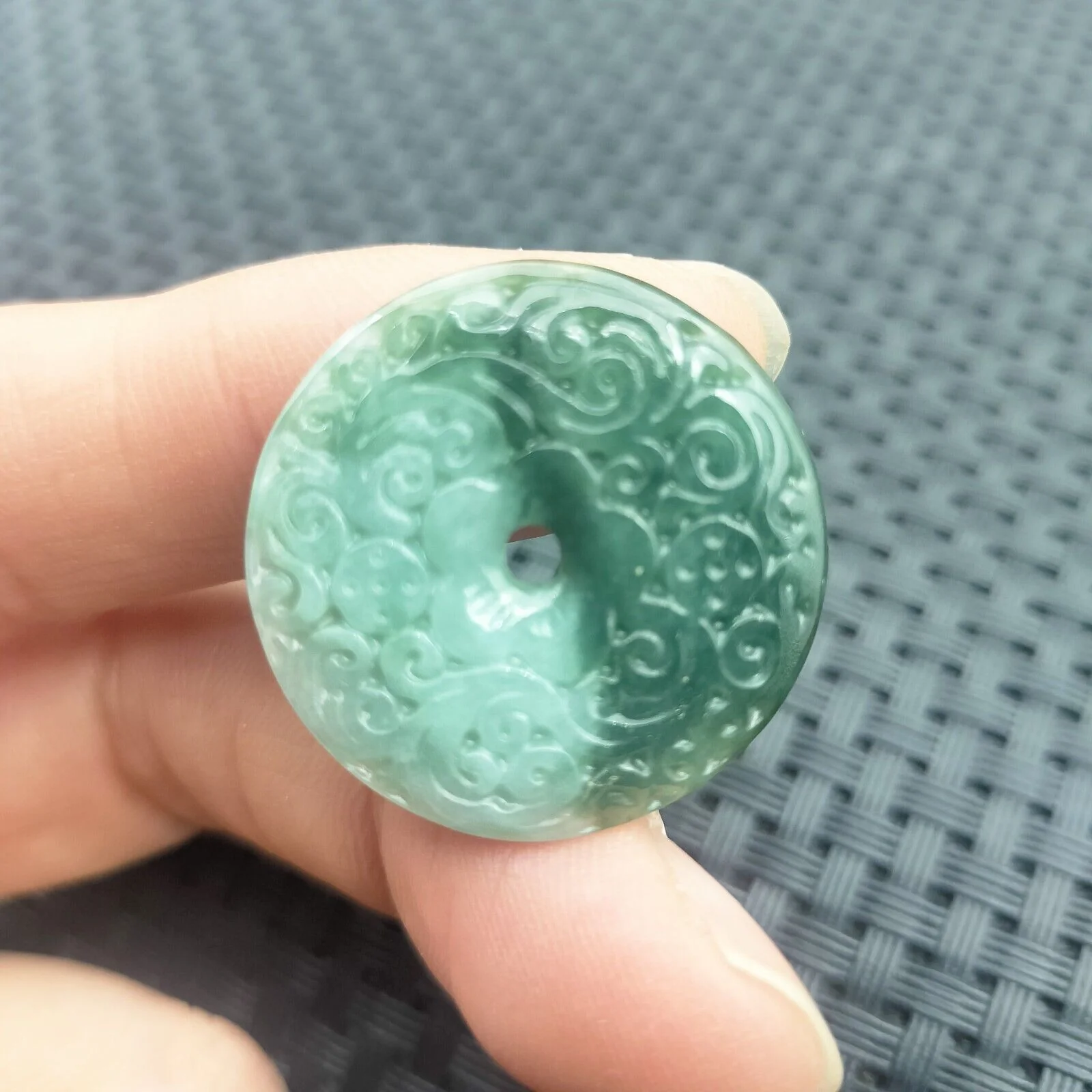 Certified Green Natural Type A Jadeite Carved Moire Safety Circle Donut Pendant - Image 4