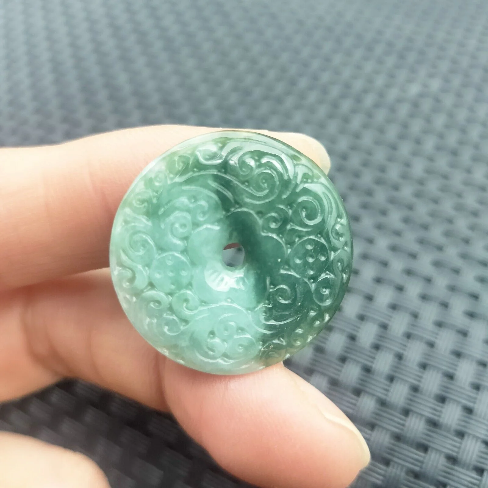 Certified Green Natural Type A Jadeite Carved Moire Safety Circle Donut Pendant - Image 5