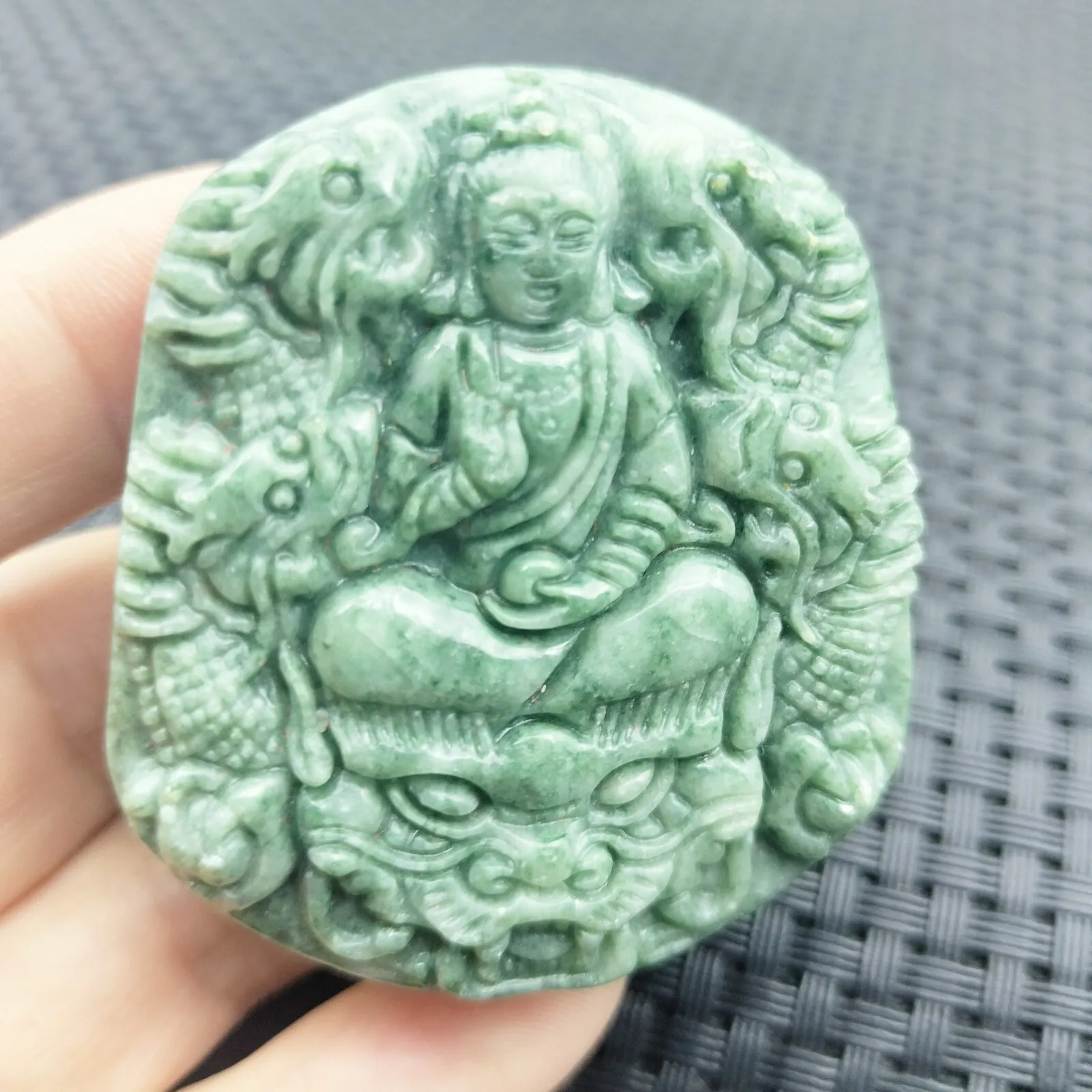 Certified Green Natural Type A Jadeite Guanyin Kwan Yin God Nine Dragons Pendant - Image 3