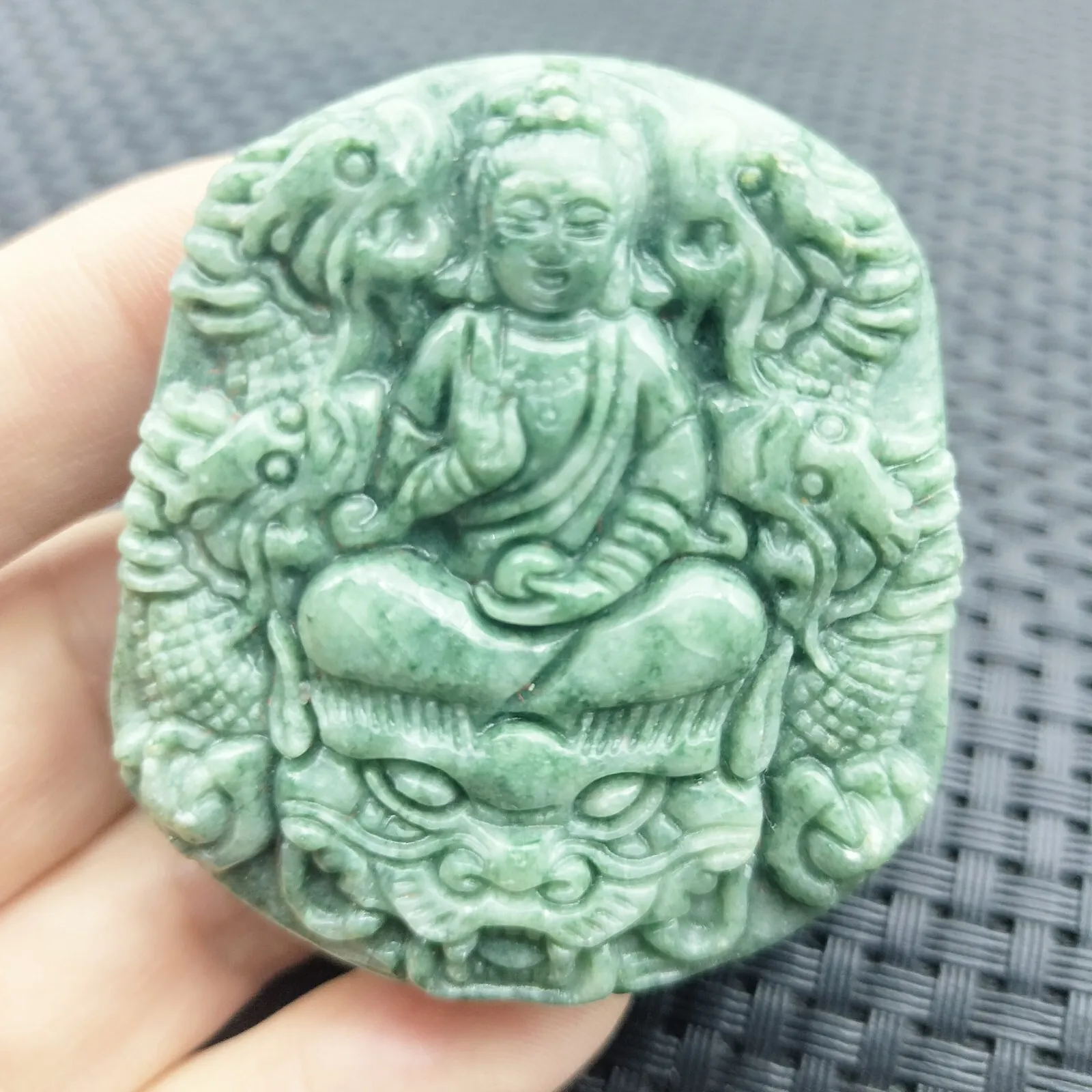 Certified Green Natural Type A Jadeite Guanyin Kwan Yin God Nine Dragons Pendant - Image 4