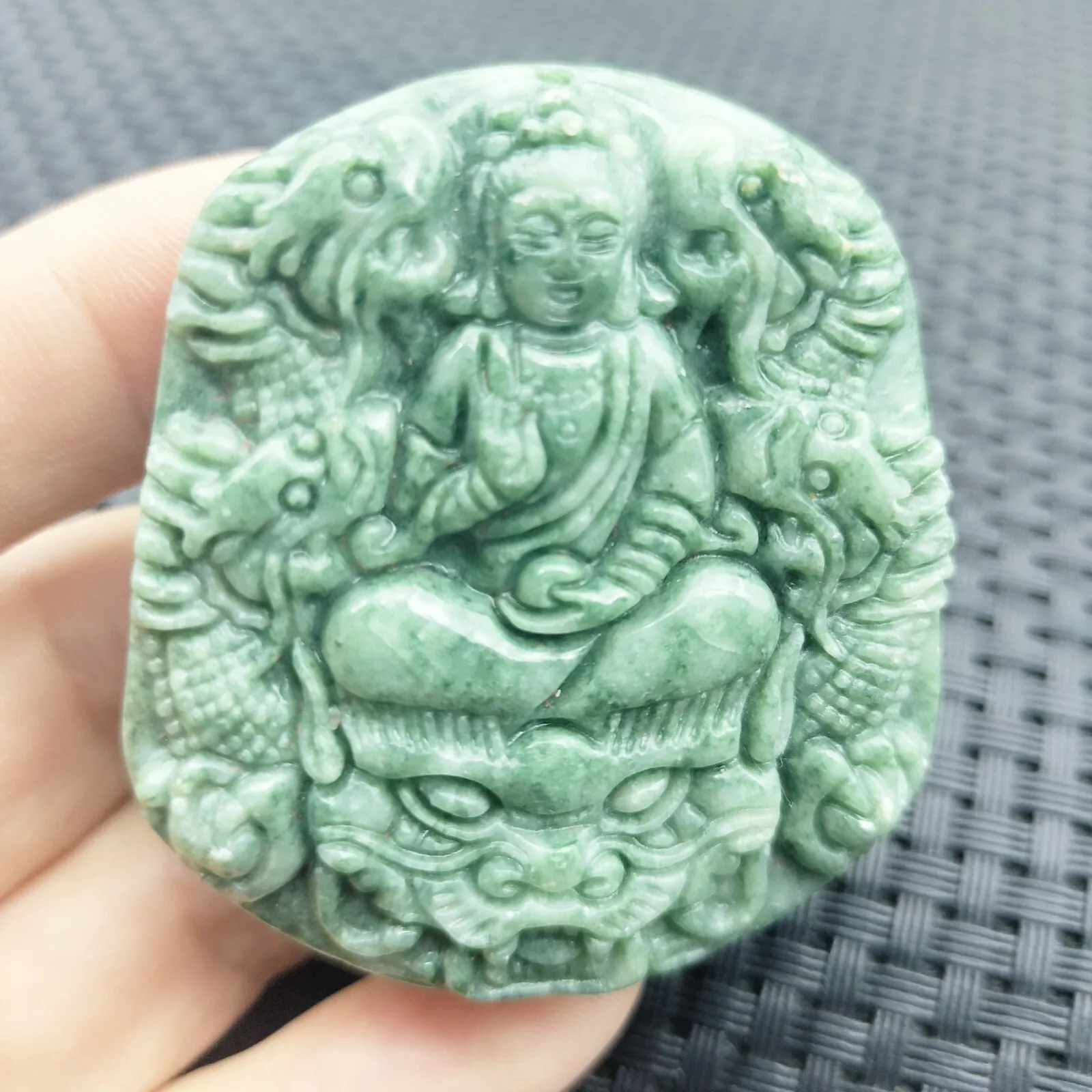 Certified Green Natural Type A Jadeite Guanyin Kwan Yin God Nine Dragons Pendant - Image 5
