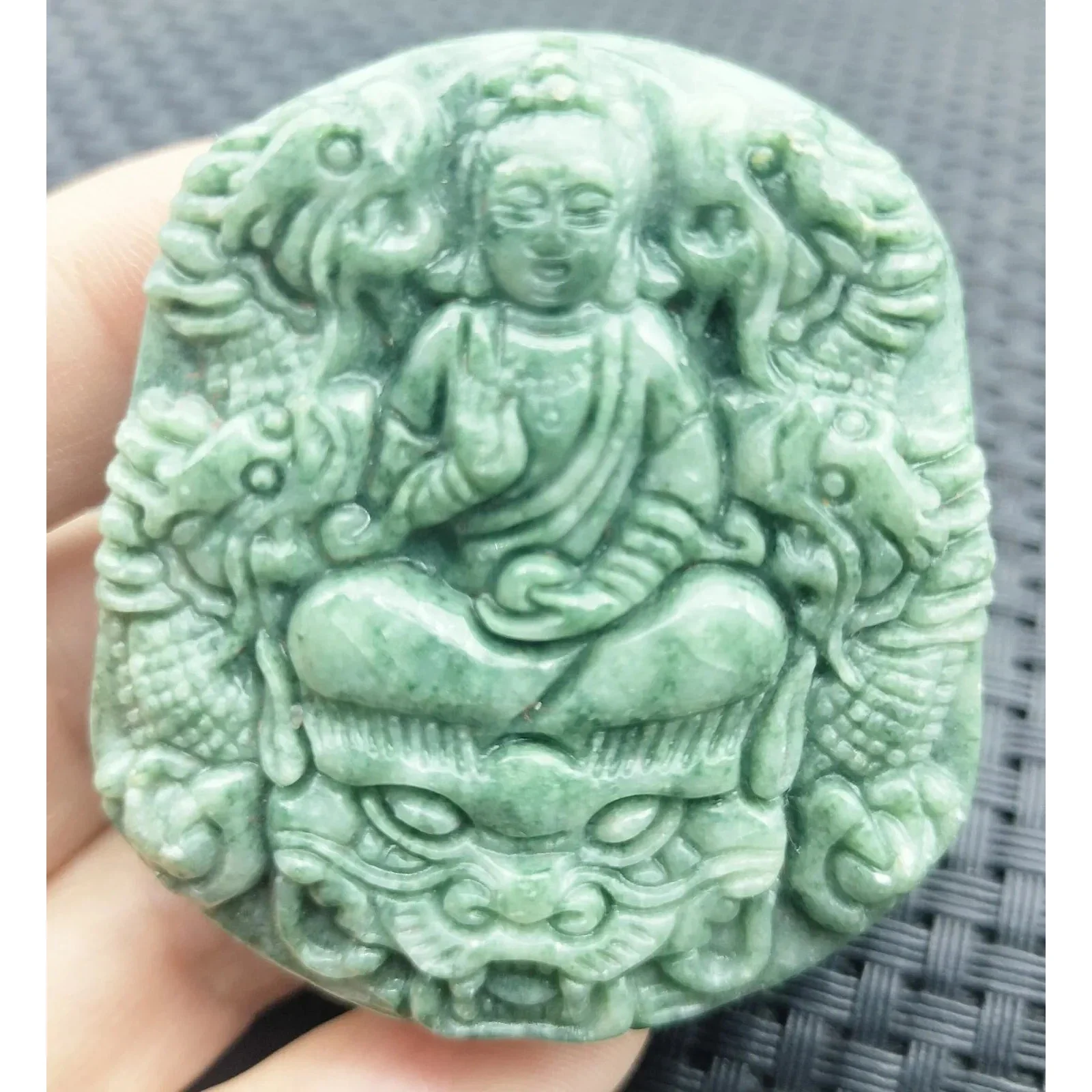 Certified Green Natural Type A Jadeite Guanyin Kwan Yin God Nine Dragons Pendant - Image 6