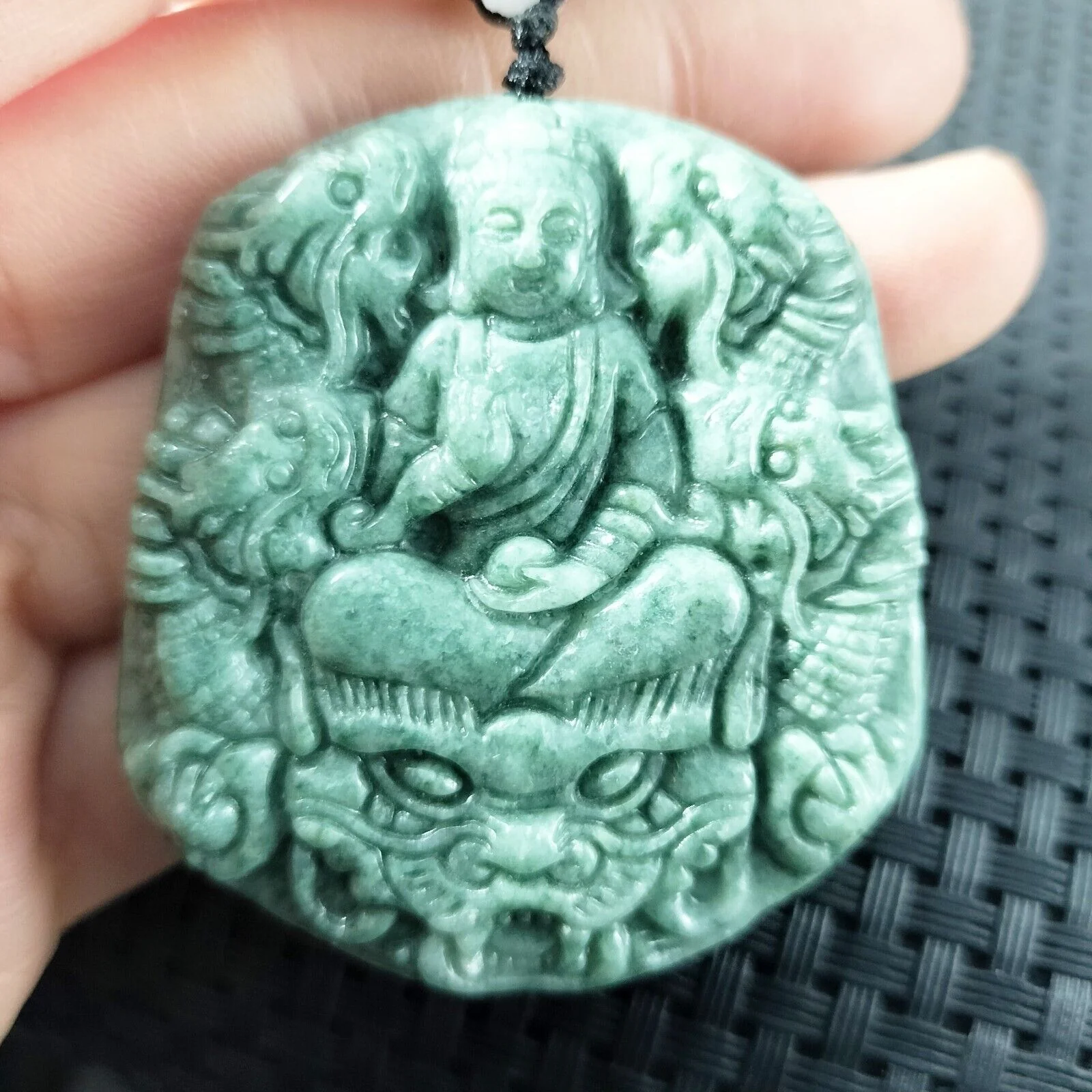 Certified Green Natural Type A Jadeite Guanyin Kwan Yin God Nine Dragons Pendant - Image 2