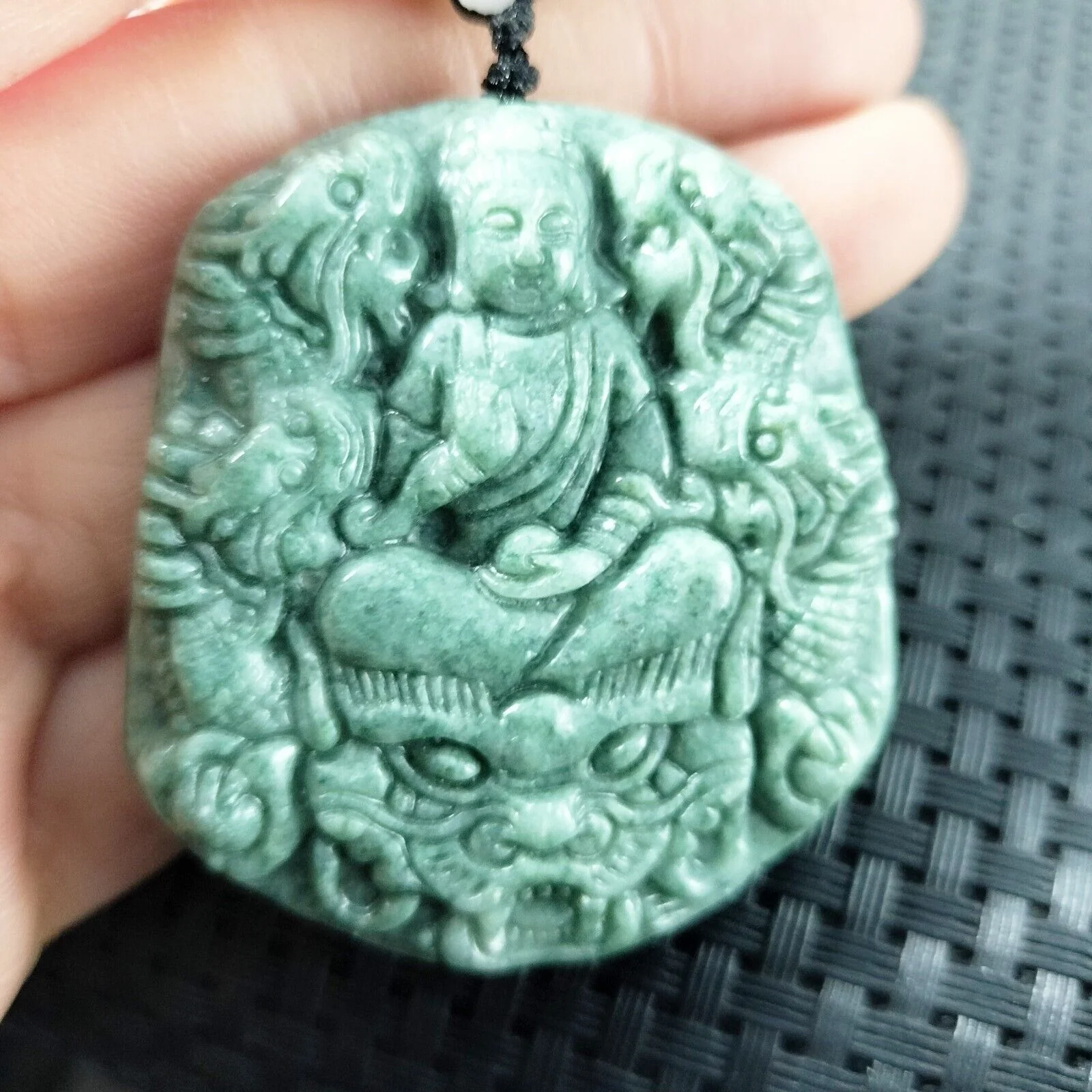 Certified Green Natural Type A Jadeite Guanyin Kwan Yin God Nine Dragons Pendant - Image 3