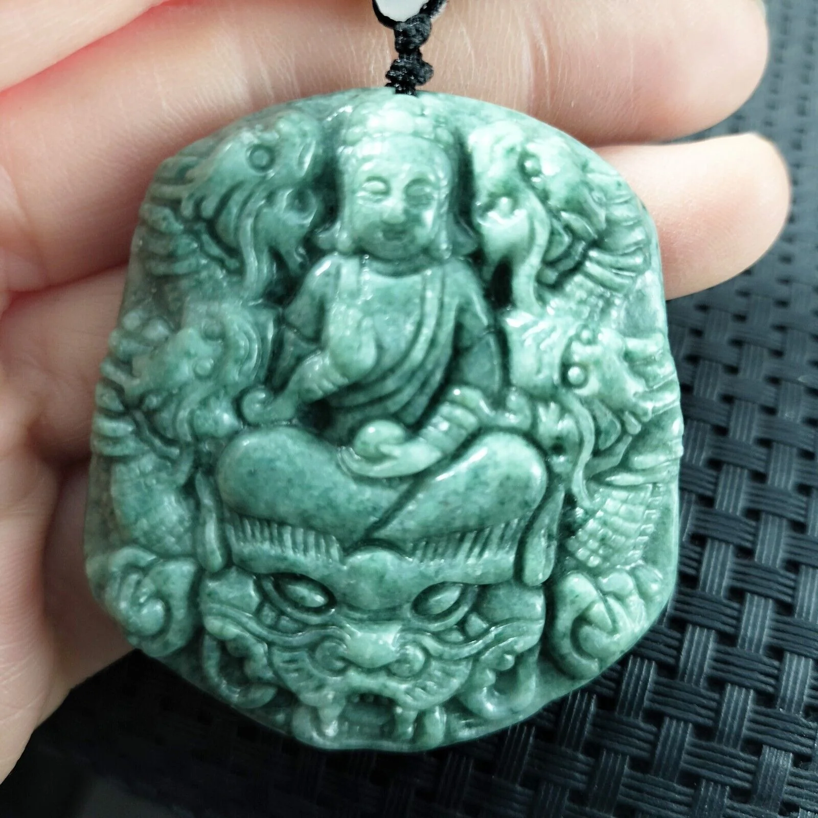 Certified Green Natural Type A Jadeite Guanyin Kwan Yin God Nine Dragons Pendant - Image 4