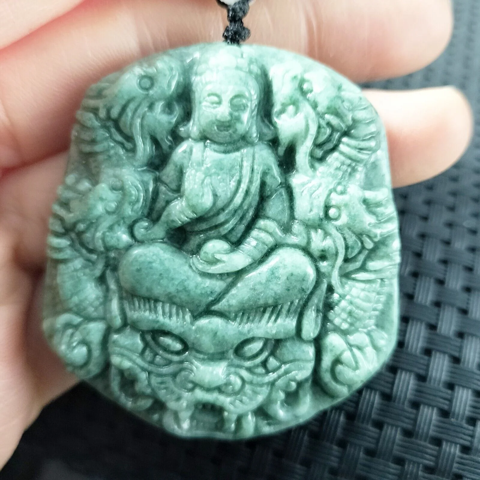 Certified Green Natural Type A Jadeite Guanyin Kwan Yin God Nine Dragons Pendant - Image 5