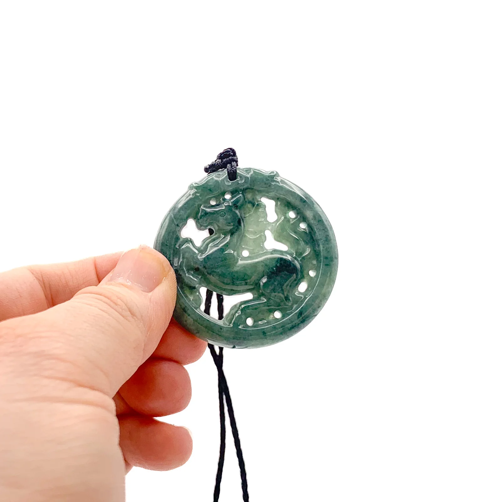 Certified Green Natural Type A Jadeite Jade Carved Hollow Out Horse Pendant - Image 2