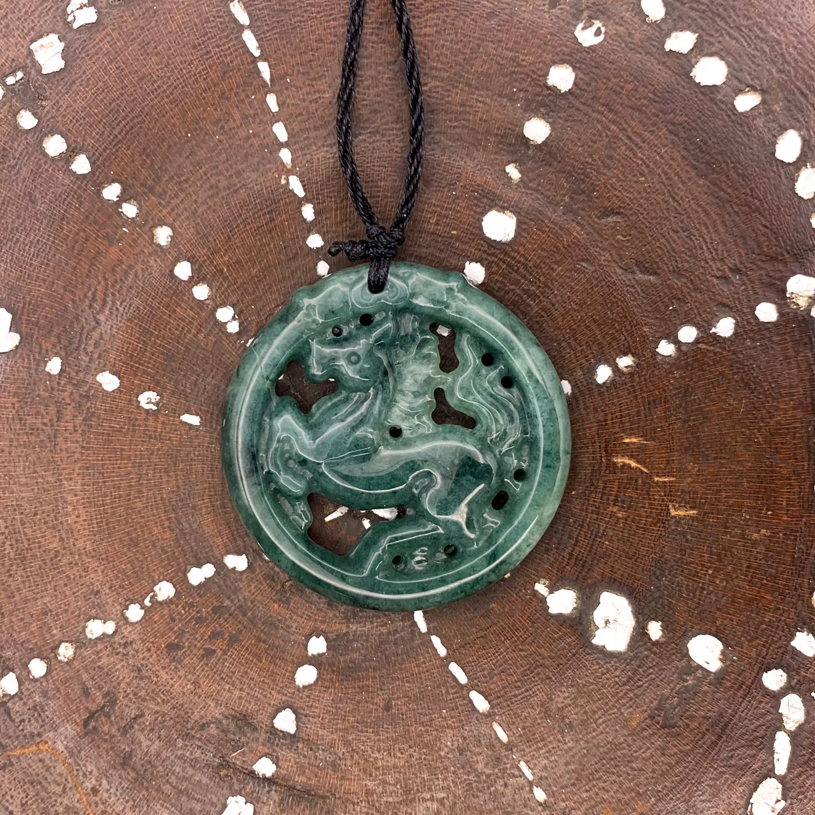 Certified Green Natural Type A Jadeite Jade Carved Hollow Out Horse Pendant - Image 3