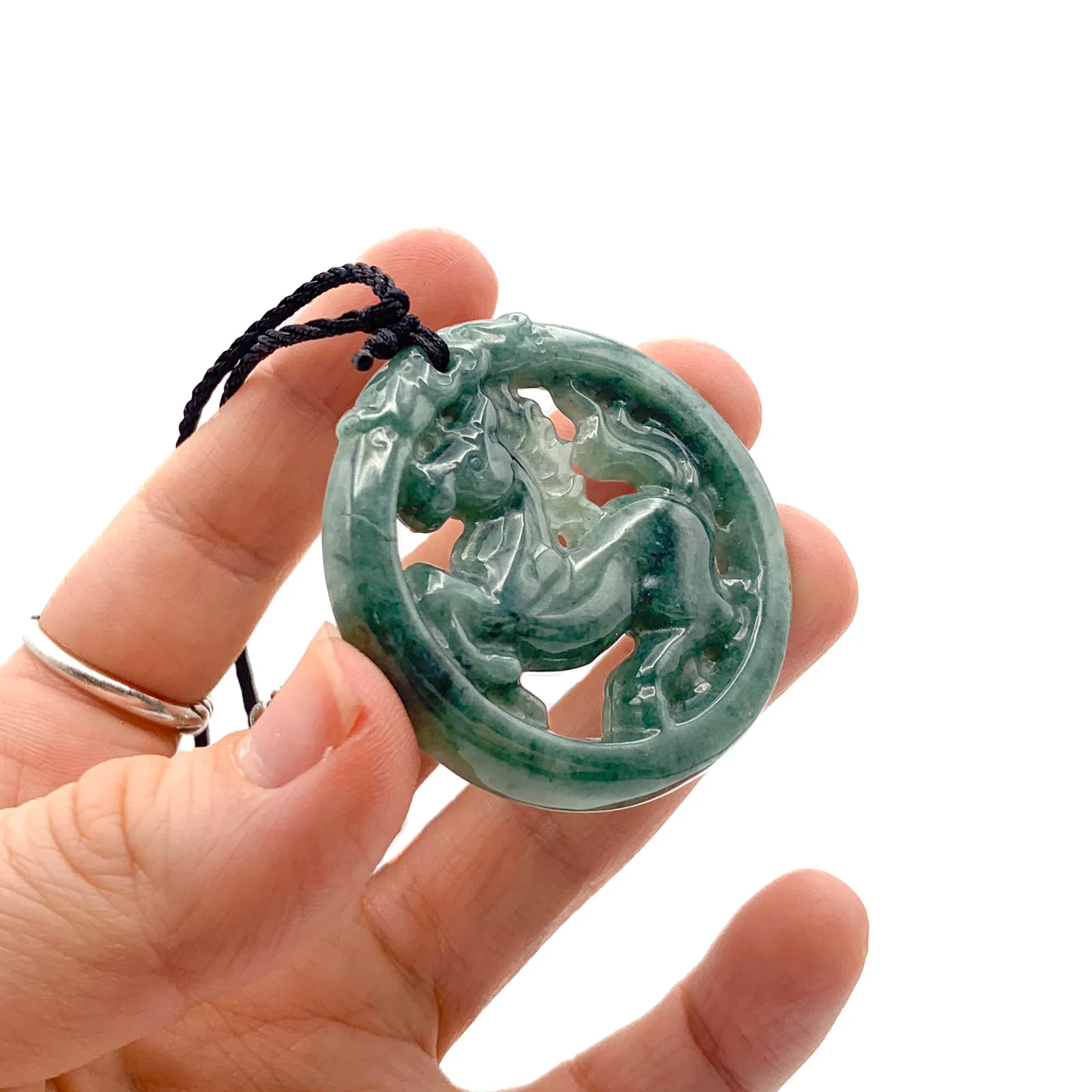 Certified Green Natural Type A Jadeite Jade Carved Hollow Out Horse Pendant - Image 6