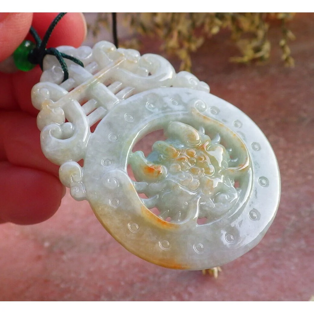 Certified Green Red Burma Natural A Jade Jadeite Pendant Dragon Longevity Necklace - Image 2
