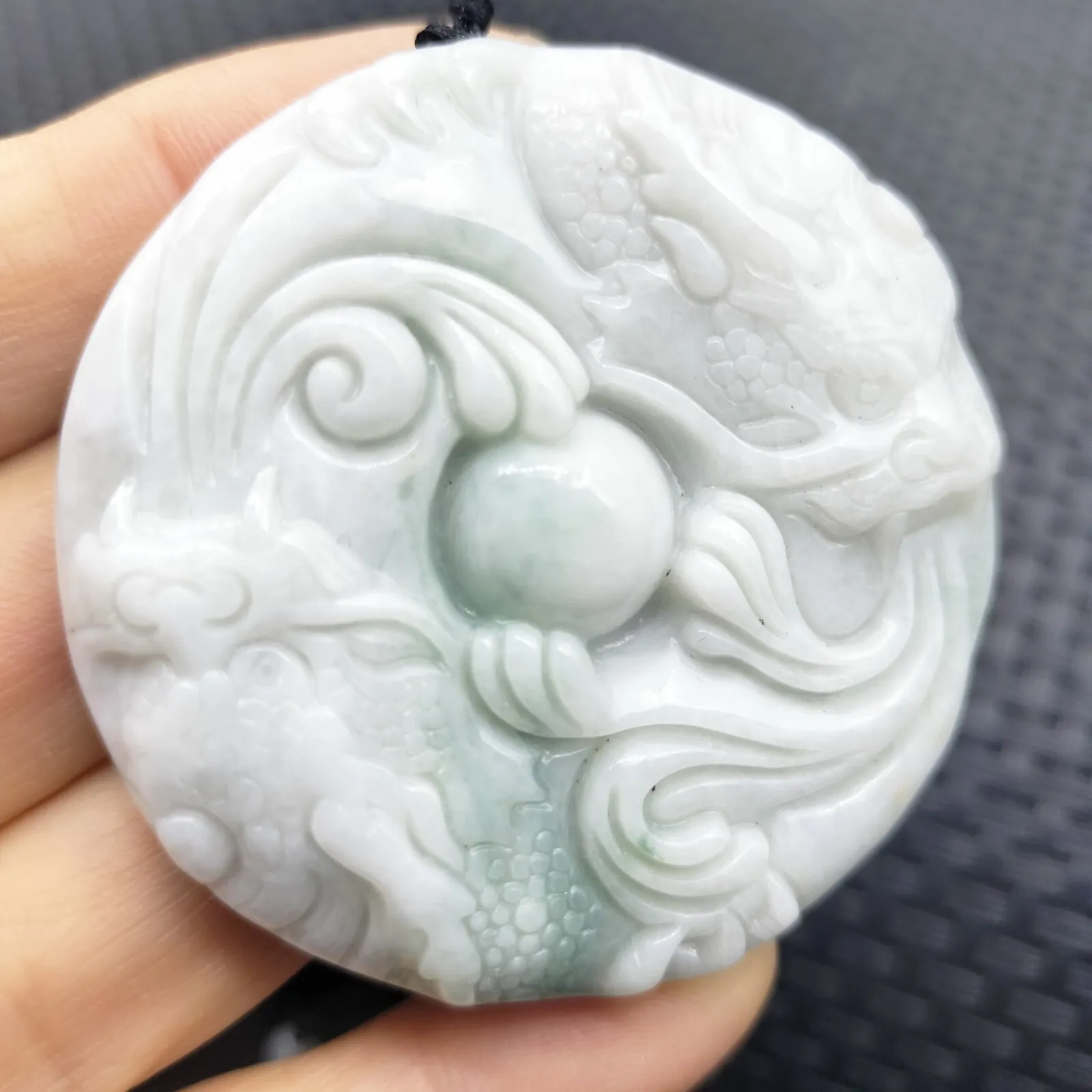 Certified Green White Natural Type A Jadeite Carved Dragon Bead Pendant - Image 2