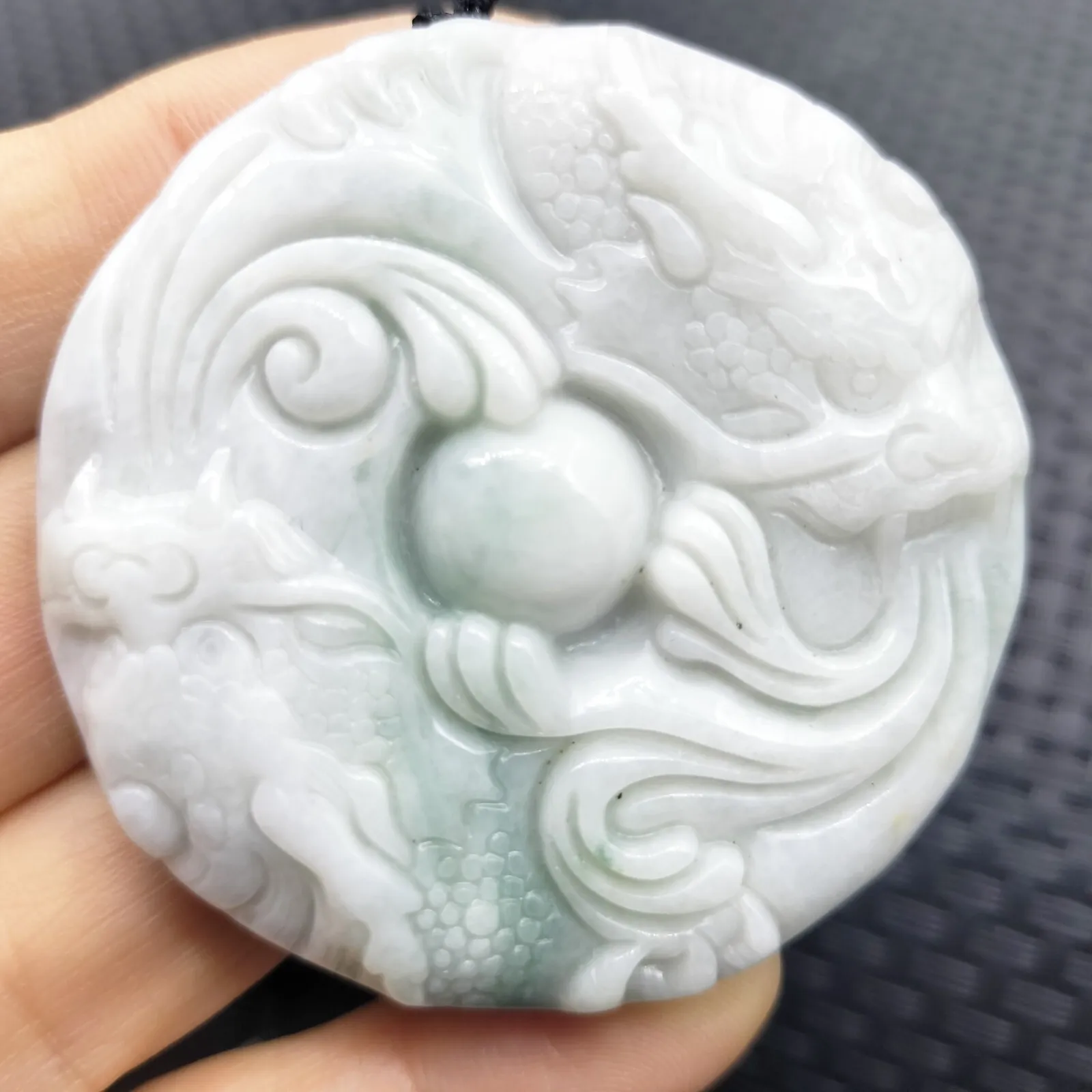 Certified Green White Natural Type A Jadeite Carved Dragon Bead Pendant - Image 3