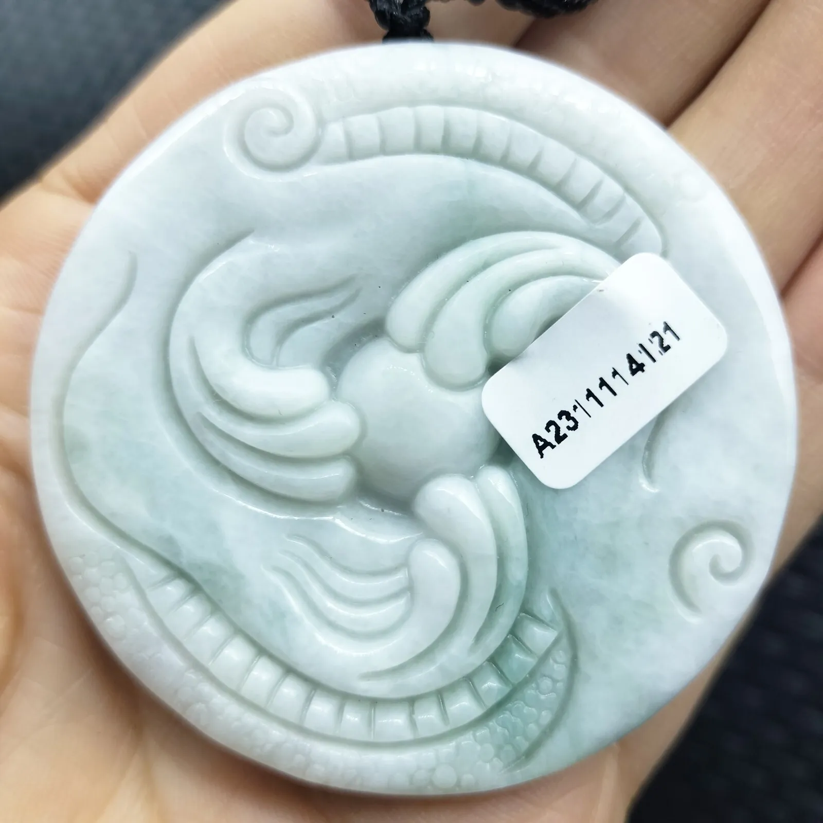 Certified Green White Natural Type A Jadeite Carved Dragon Bead Pendant - Image 4