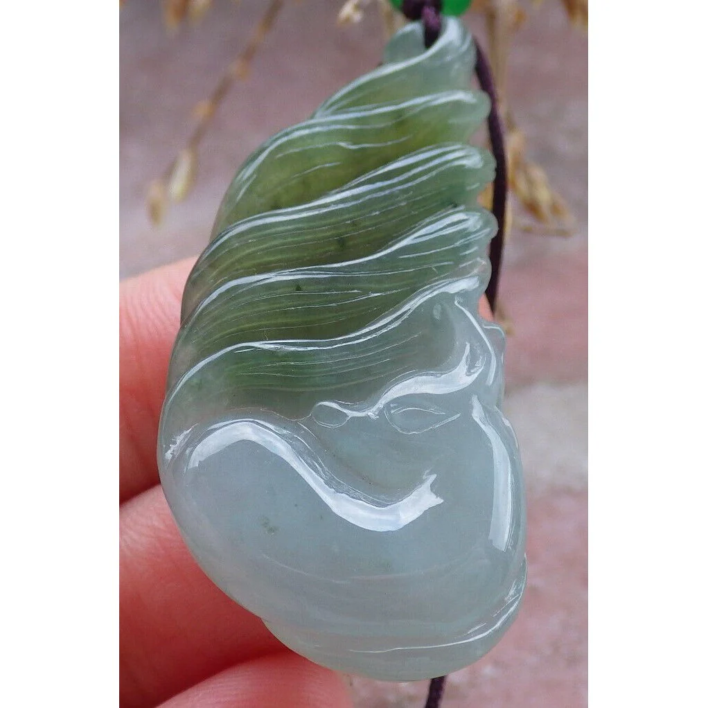 Certified Green Yellow Natural A Jade Nine Tail Fox Kitsune Pendant Necklace - Image 6
