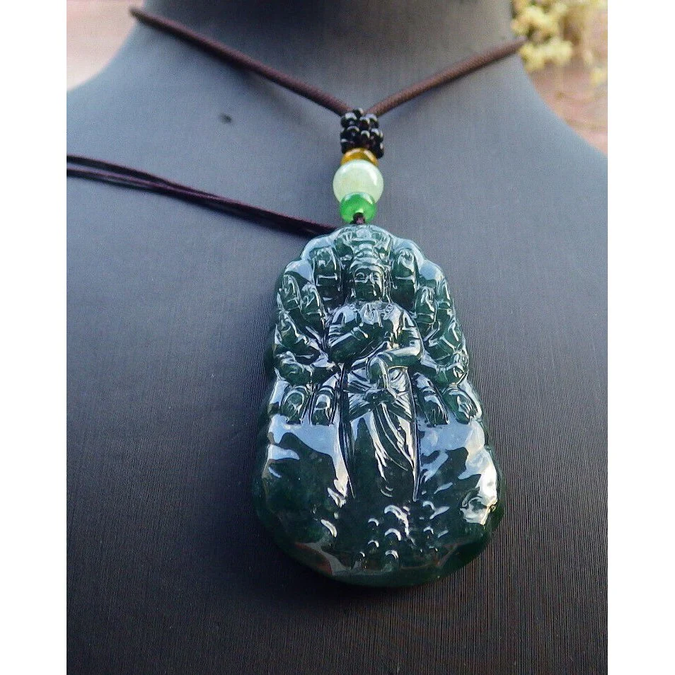 Certified Icy Dark Green Natural A Jade Pendant Guanyin Kwan Yin Necklace - Image 2