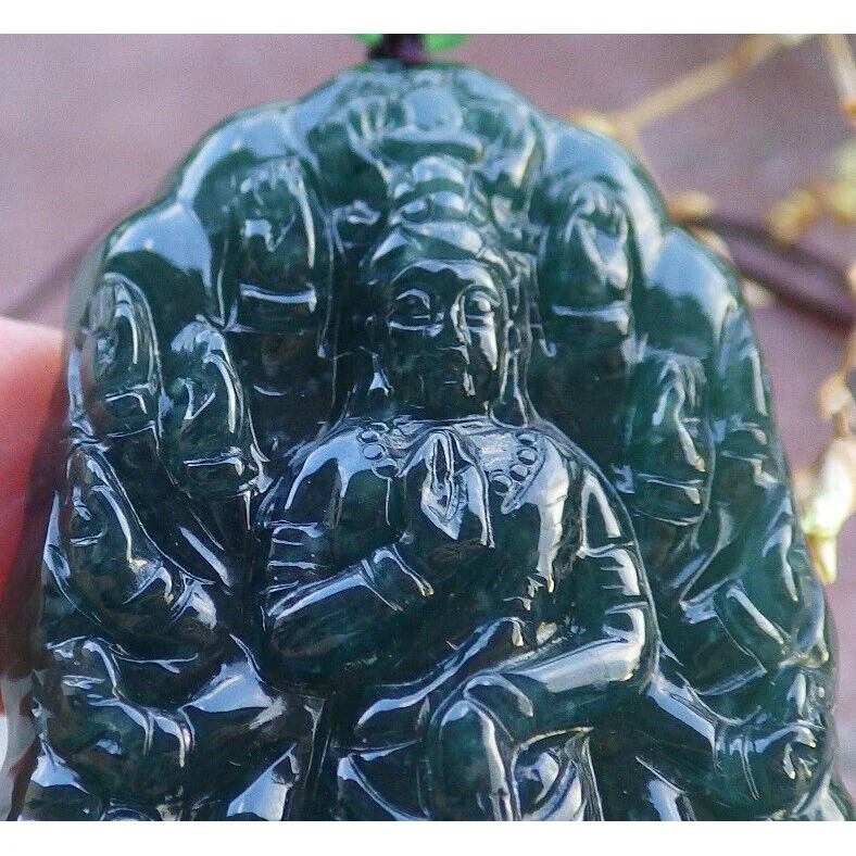 Certified Icy Dark Green Natural A Jade Pendant Guanyin Kwan Yin Necklace - Image 7