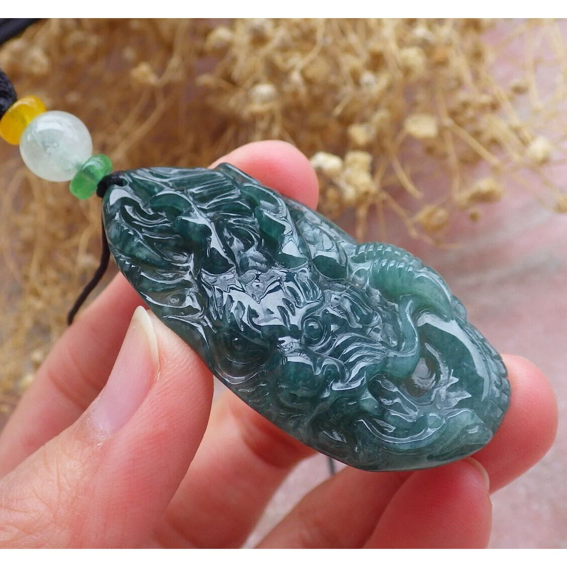 Certified Icy Green 100% Burma Natural A Jade Jadeite Pendant Dragon Necklace - Image 3