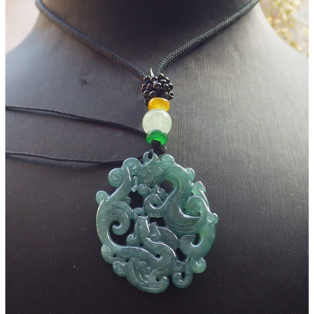 Certified Icy Green 100% Natural A Jade Jadeite Pendant Dragon Phoenix Necklace - Image 2
