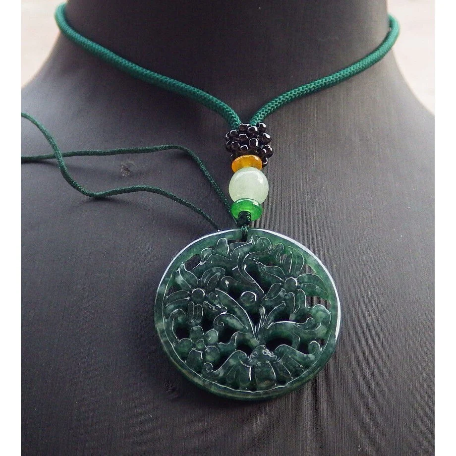Certified Icy Green Natural Jade Jadeite Pendant Bat Flower Circle Necklace - Image 2