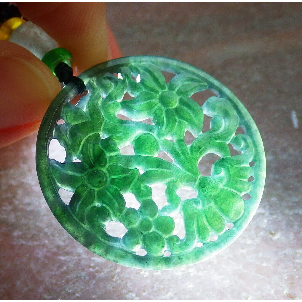Certified Icy Green Natural Jade Jadeite Pendant Bat Flower Circle Necklace - Image 3