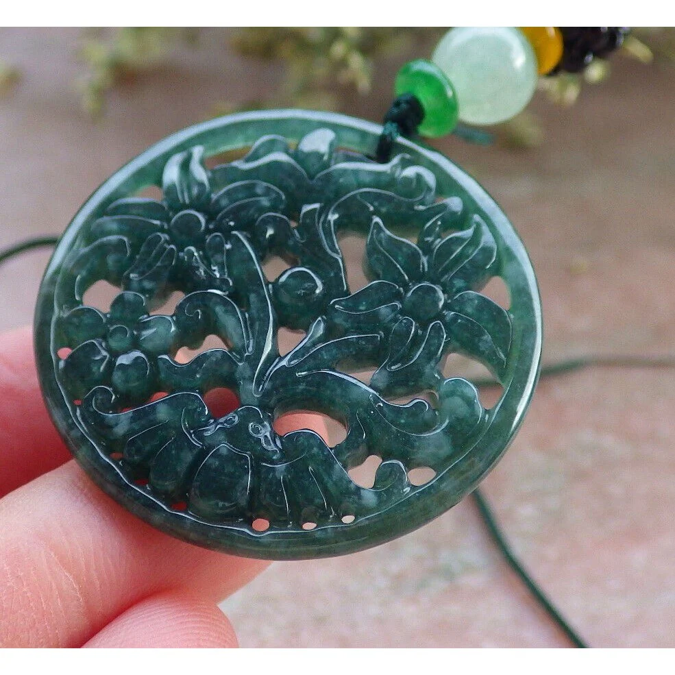 Certified Icy Green Natural Jade Jadeite Pendant Bat Flower Circle Necklace - Image 4