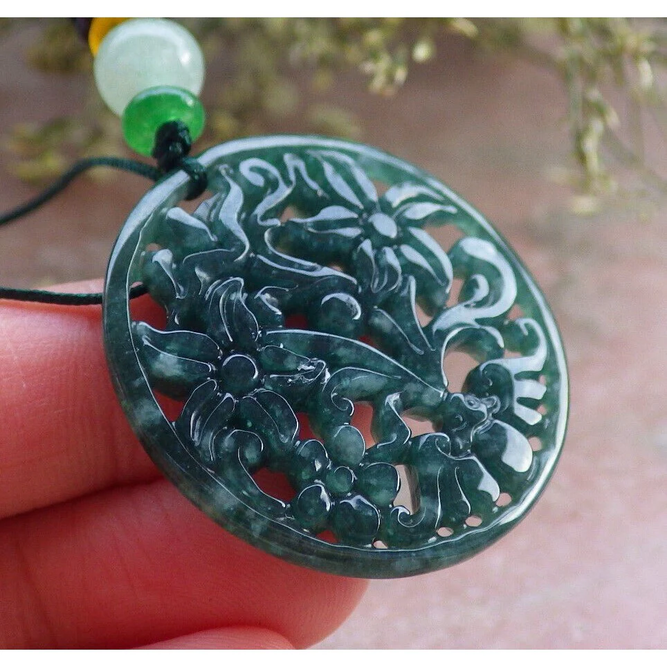 Certified Icy Green Natural Jade Jadeite Pendant Bat Flower Circle Necklace - Image 5